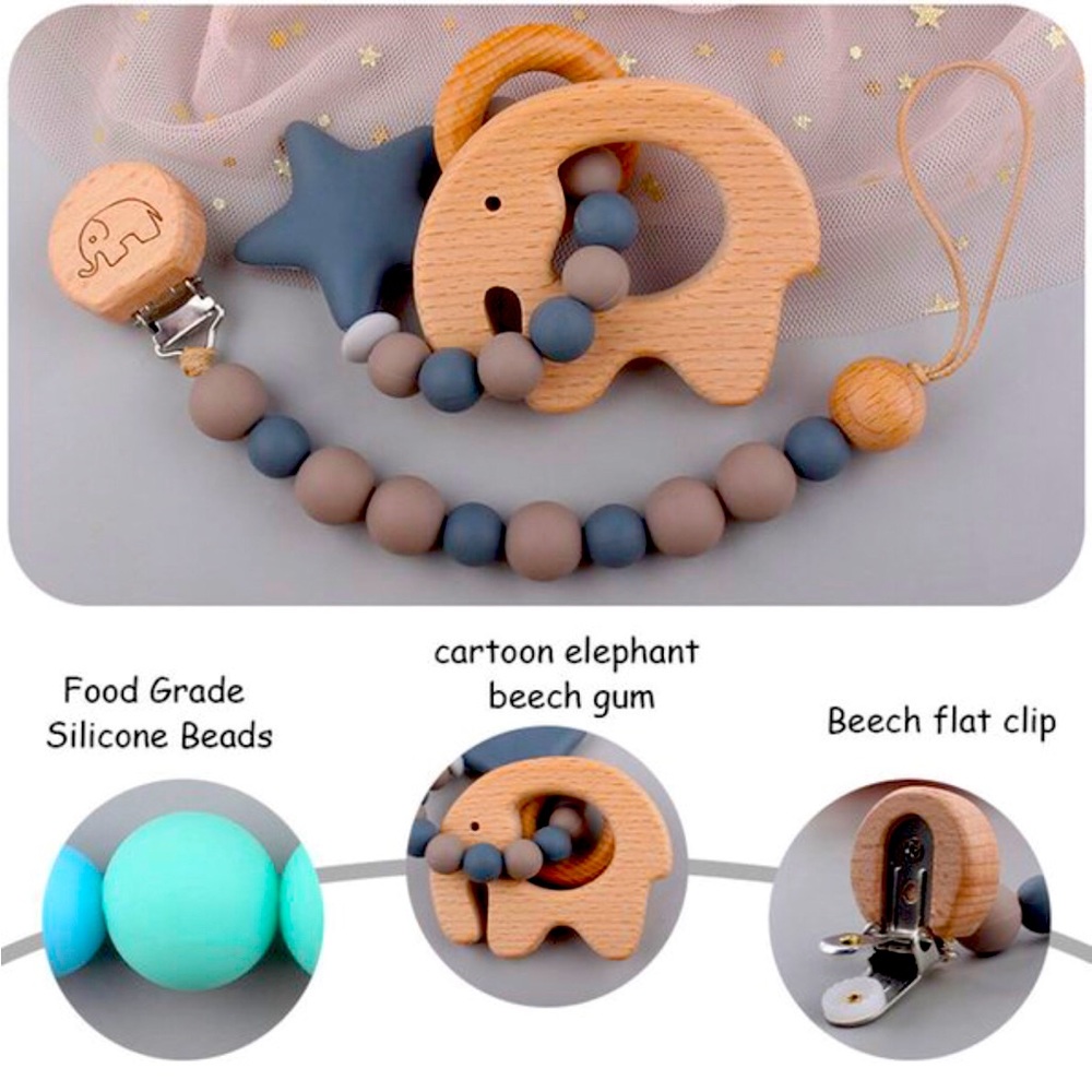 Elephant Wooden Silicone Teething Toy Set BPA Free With Pacifier Clip